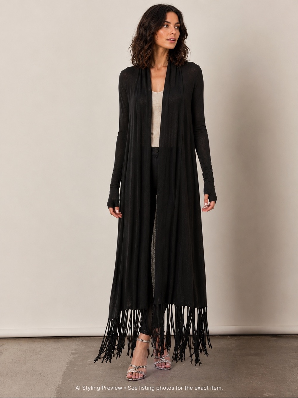 LOVESTITCH M Black Fringe Maxi Duster Cardigan Thumbholes Boho
